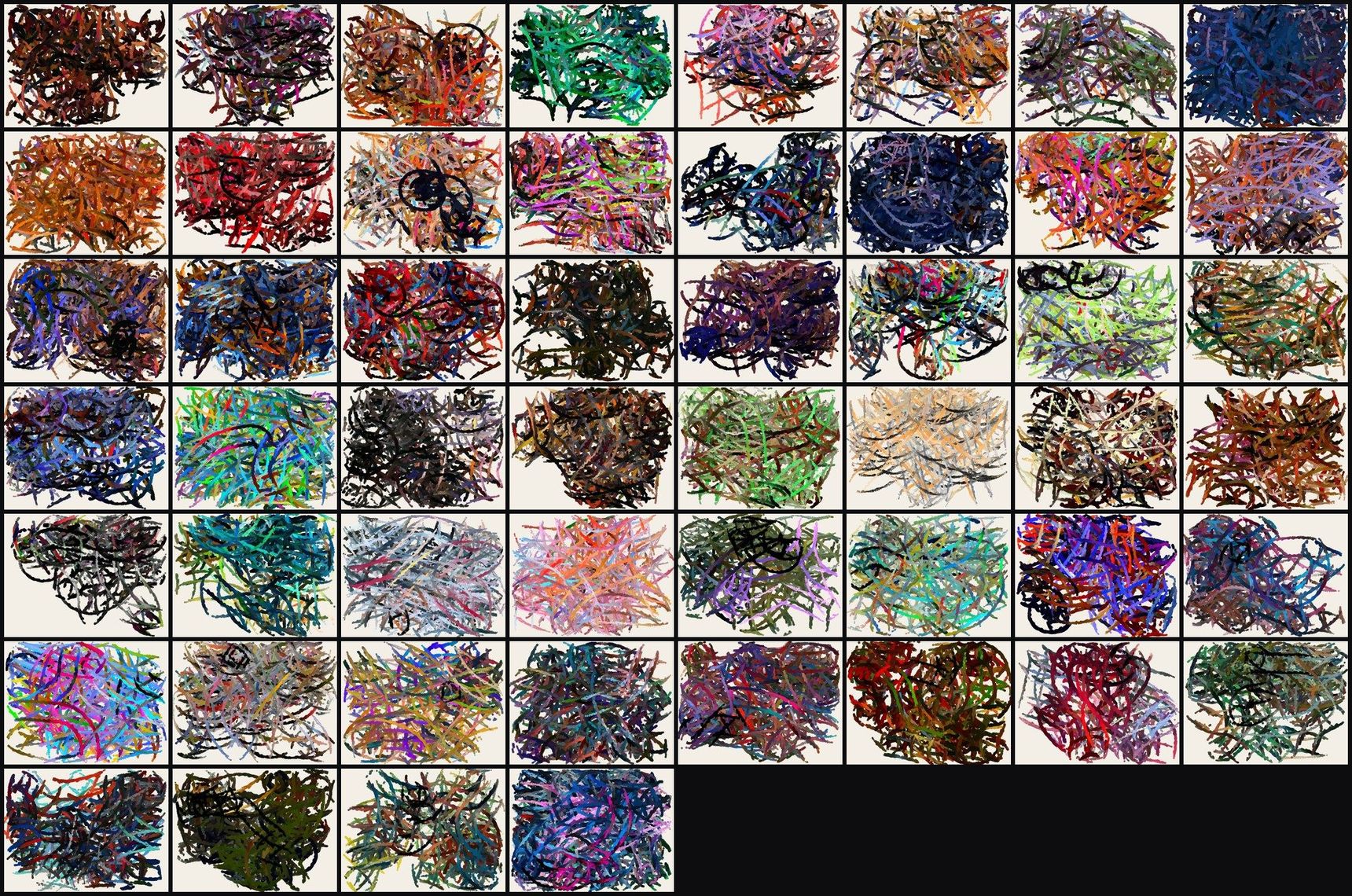 Fifty-two Fly Trace Rave plates, one per year from 1976 to 2026, each a nest of coloured marks on cream paper