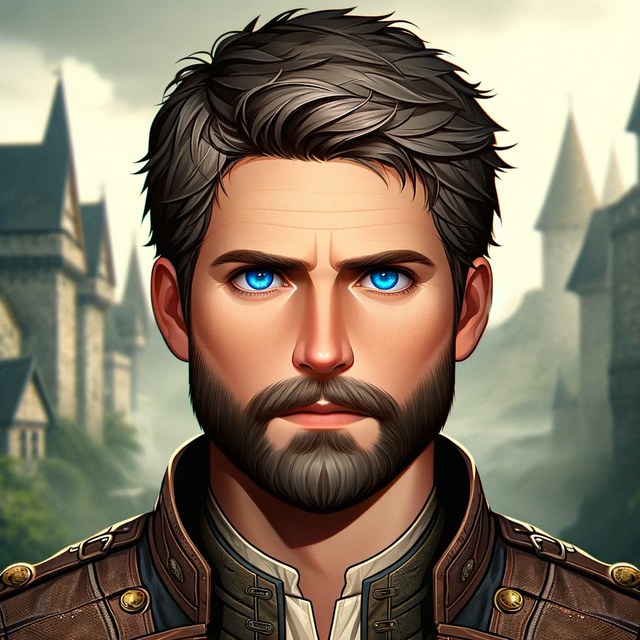 An AI portrait of along7 rendered as a medieval lord with a beard and blue eyes