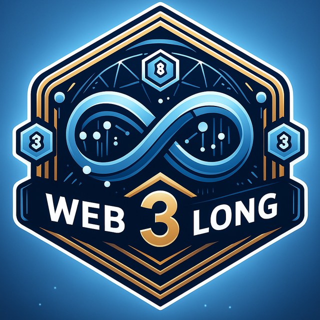 The Web3Long guild badge, a hexagonal crest with an infinity symbol in blue and gold