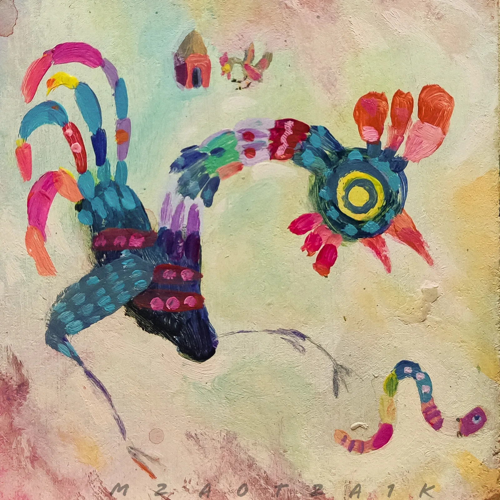 A rooster chasing a worm.